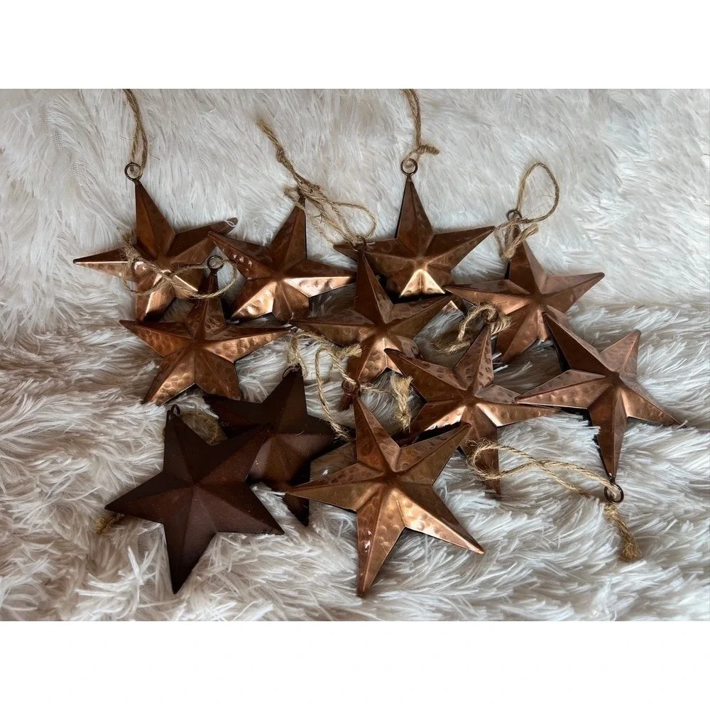 Rustic Metal Star Ornaments Set of 11 Copper Bronze Hammered Primitive Western